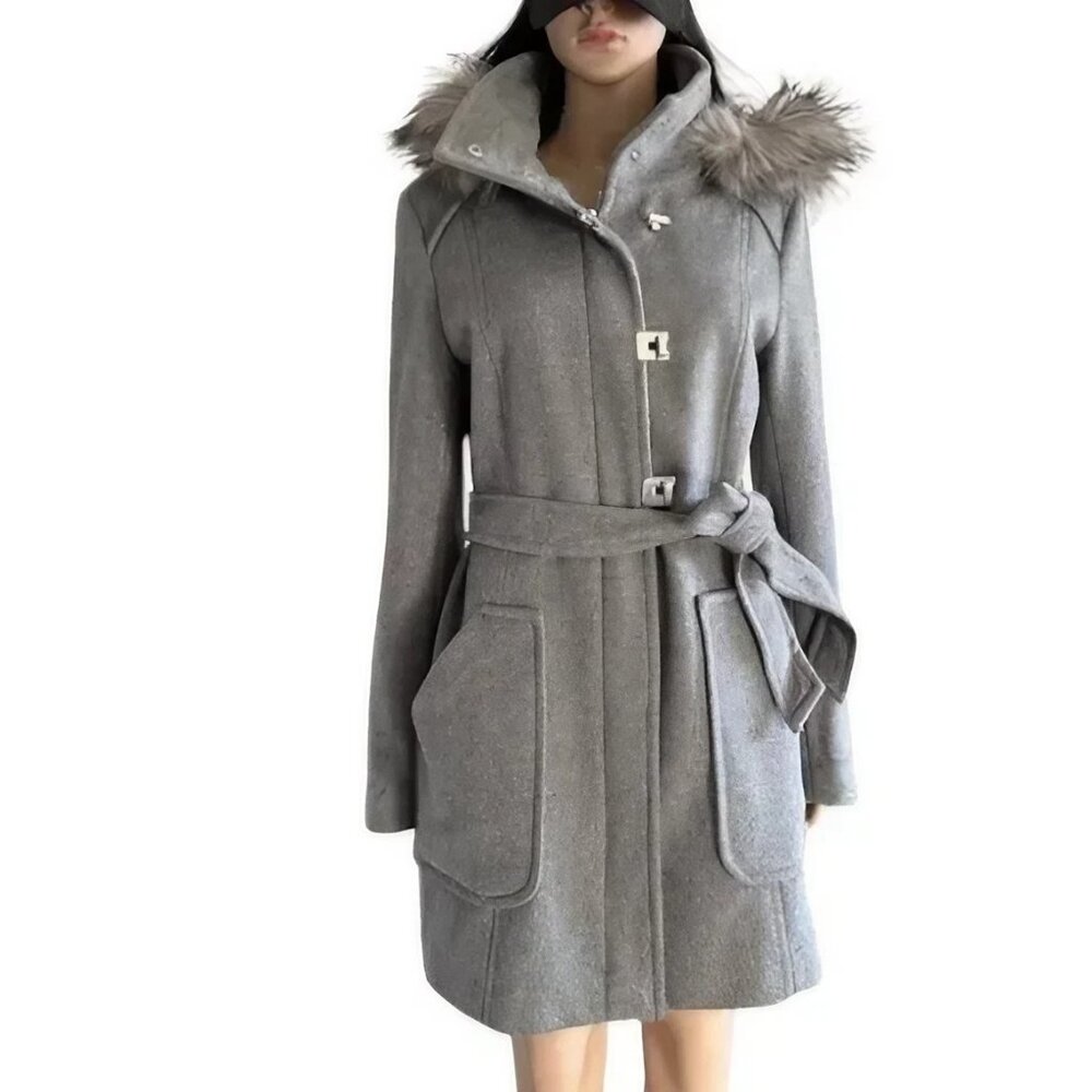 CK Gray Wool Blend Coat Size 10 Hooded Belted